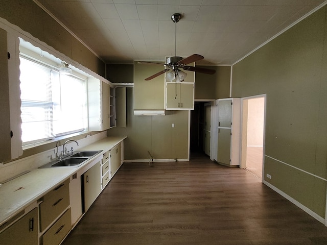 kitchen with ornamental molding, sink, ceiling fan, and dark hardwood / wood-style flooring