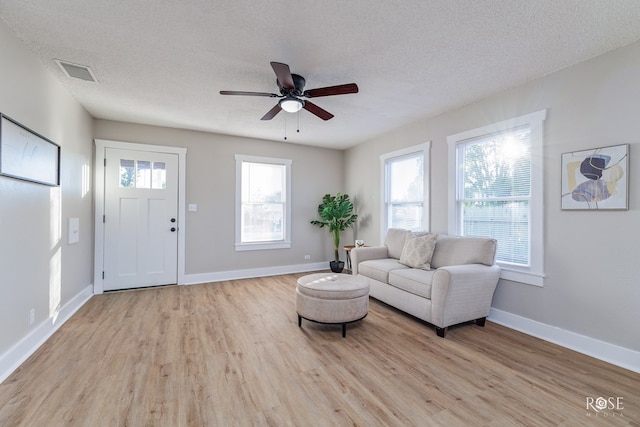 living room featuring light wood-style floors, a ceiling fan, visible vents, and a textured ceiling