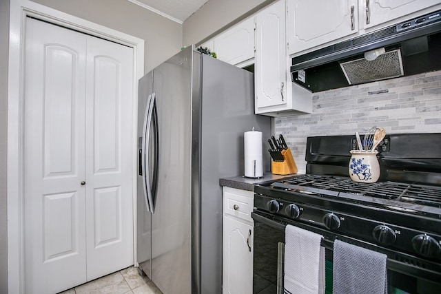 3306 Timber Ridge Dr, San Angelo, TX 76904 - kitchen with black gas range, white cabinets, tasteful backsplash, stainless steel refrigerator with ice dispenser, and dark countertops