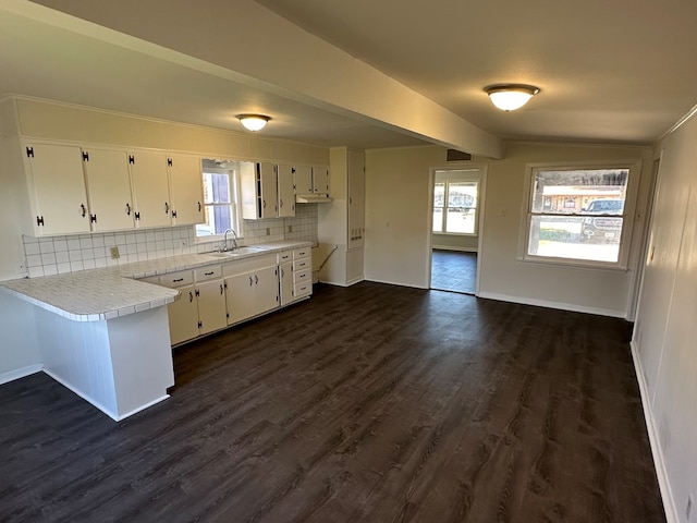 kitchen featuring sink, dark wood-type flooring, white cabinetry, backsplash, and kitchen peninsula