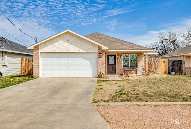 ranch-style home featuring concrete driveway, brick siding, an attached garage, and fence