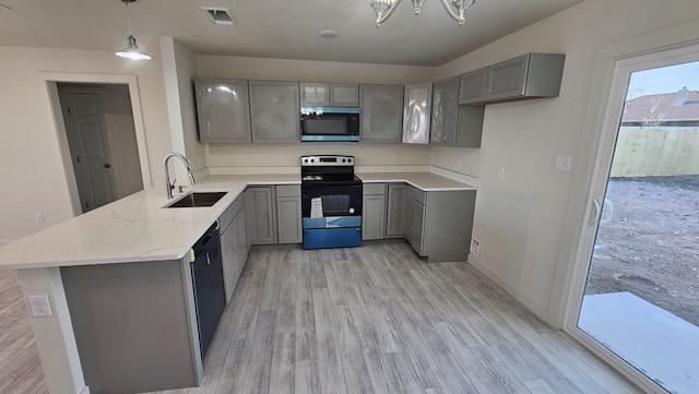 1730 La Follette St, San Angelo, TX 76905 - kitchen with electric range, stainless steel microwave, a sink, gray cabinetry, and a peninsula