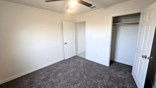 1730 La Follette St, San Angelo, TX 76905 - unfurnished bedroom with dark carpet, baseboards, a closet, and a ceiling fan