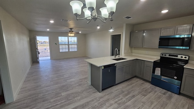 1730 La Follette St, San Angelo, TX 76905 - kitchen with stainless steel microwave, range with electric stovetop, gray cabinets, black dishwasher, and a sink