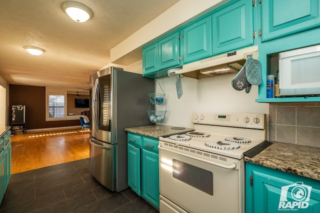 kitchen featuring white appliances, stone counters, backsplash, dark hardwood / wood-style floors, and a textured ceiling