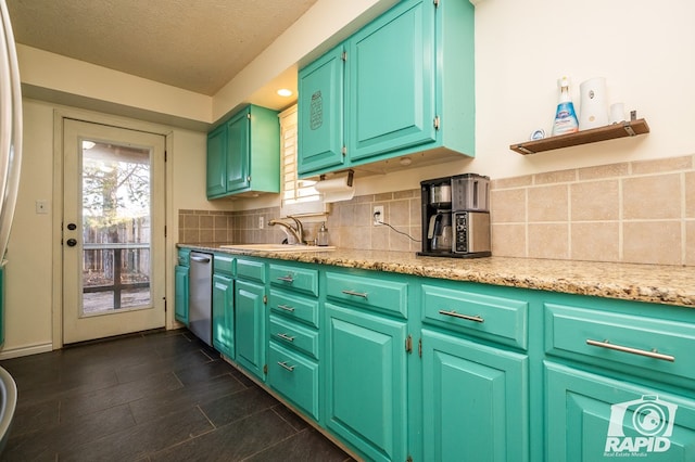 kitchen with sink, dishwasher, green cabinets, backsplash, and dark hardwood / wood-style floors