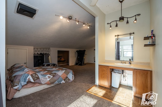 bedroom with light colored carpet, lofted ceiling, sink, and a textured ceiling