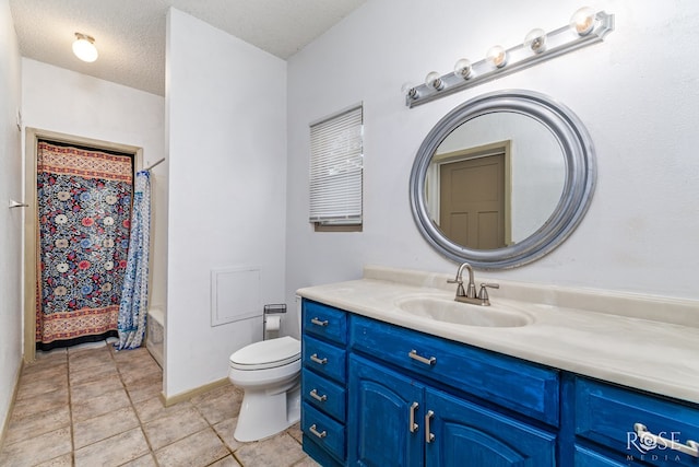 full bathroom with shower / bathtub combination with curtain, vanity, toilet, and a textured ceiling