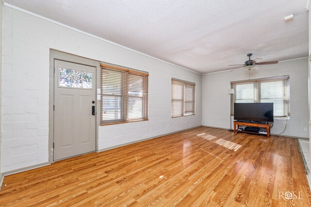 foyer entrance with a textured ceiling, light hardwood / wood-style floors, a healthy amount of sunlight, and brick wall