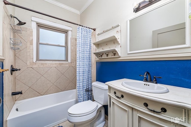 full bathroom with crown molding, vanity, shower / bathtub combination with curtain, and toilet