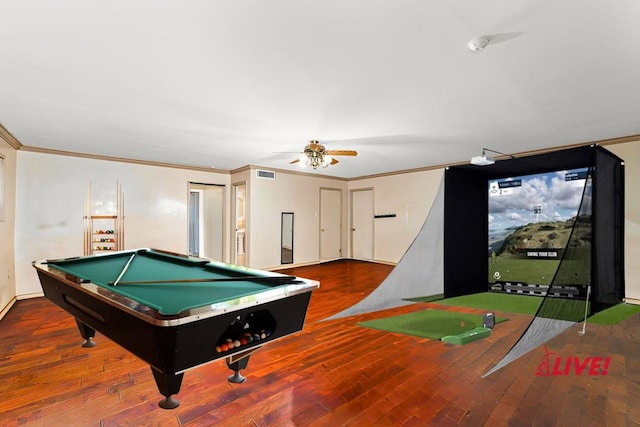 3237 Red Bluff Rd W, San Angelo, TX 76904 - rec room with crown molding, ceiling fan, wood finished floors, and golf simulator