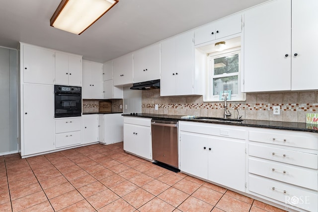 3237 Red Bluff Rd W, San Angelo, TX 76904 - kitchen featuring black appliances, a sink, dark countertops, and tasteful backsplash