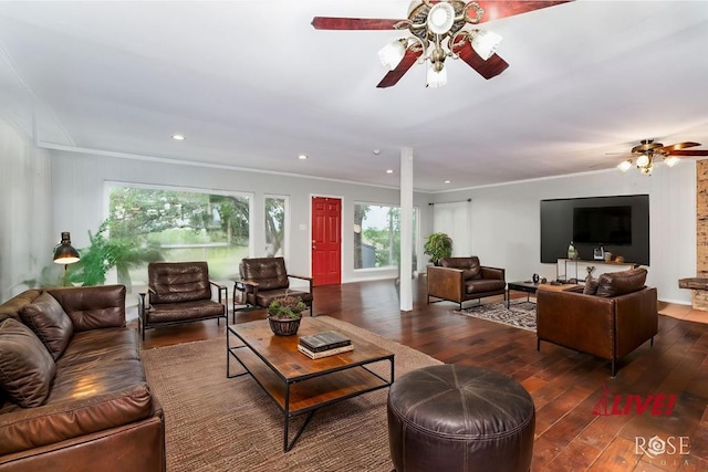 3237 Red Bluff Rd W, San Angelo, TX 76904 - living room with a ceiling fan, ornamental molding, plenty of natural light, hardwood / wood-style flooring, and recessed lighting
