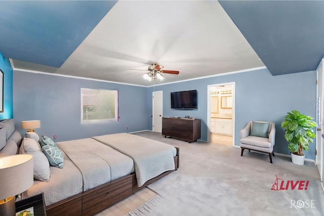 3237 Red Bluff Rd W, San Angelo, TX 76904 - carpeted bedroom featuring ensuite bathroom, baseboards, ceiling fan, and ornamental molding