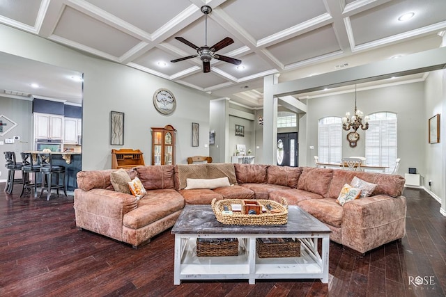 3122 Clearview Dr, San Angelo, TX 76904 - living area with coffered ceiling, a chandelier, dark wood finished floors, ceiling fan, and beam ceiling