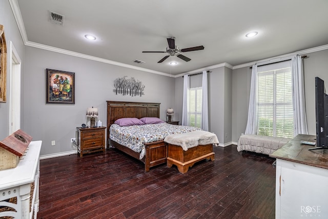3122 Clearview Dr, San Angelo, TX 76904 - bedroom with crown molding, multiple windows, hardwood / wood-style floors, a ceiling fan, and recessed lighting