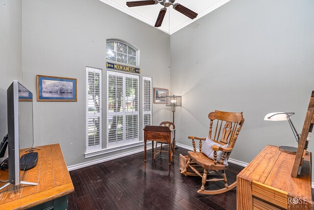 3122 Clearview Dr, San Angelo, TX 76904 - living area with crown molding, wood-type flooring, a ceiling fan, and a towering ceiling