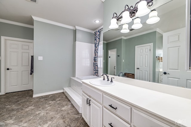 3122 Clearview Dr, San Angelo, TX 76904 - bathroom with crown molding, a chandelier, a tub, and vanity