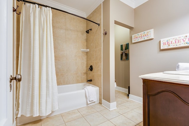 bathroom with shower / bath combination with curtain, ornamental molding, tile patterned flooring, and vanity