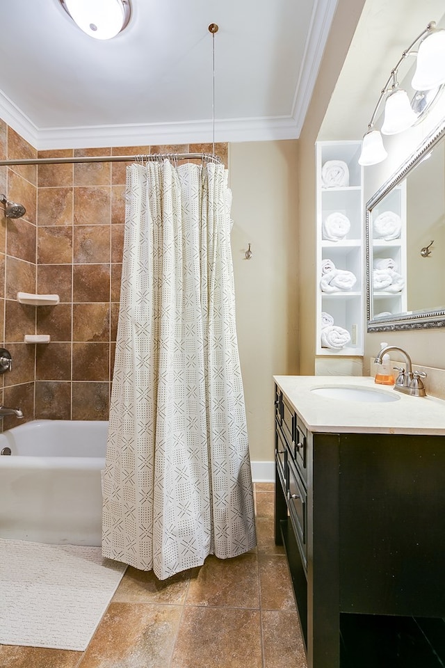 bathroom with shower / bath combination with curtain, vanity, and crown molding