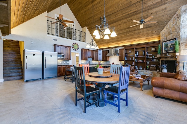 dining room with ceiling fan with notable chandelier, wooden ceiling, and high vaulted ceiling