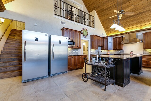 kitchen with high vaulted ceiling, wooden ceiling, appliances with stainless steel finishes, a kitchen island with sink, and wall chimney range hood