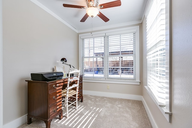 carpeted office space with crown molding and ceiling fan