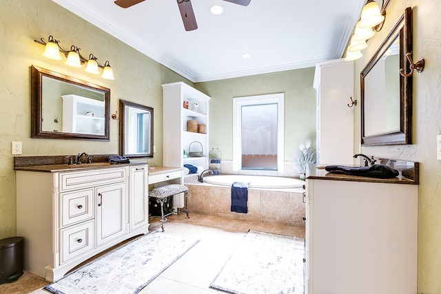 bathroom featuring vanity, crown molding, tiled bath, and ceiling fan