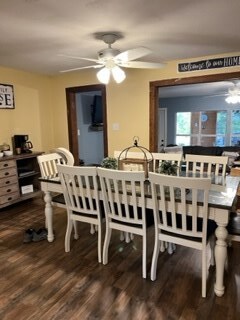 2026 Mermaid Rd, San Angelo, TX 76904 - dining space featuring a ceiling fan and dark wood-type flooring