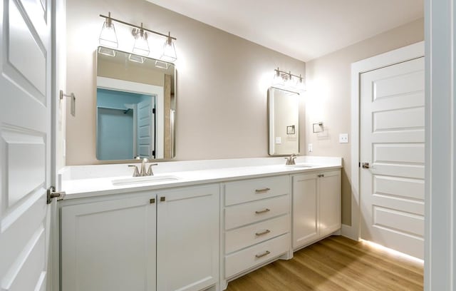 bathroom featuring vanity and hardwood / wood-style floors