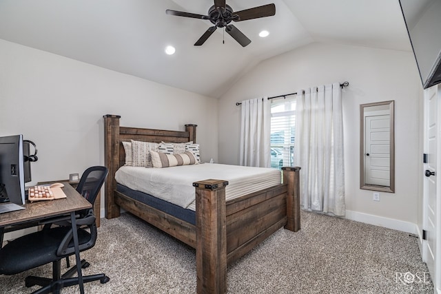 5949 Merrick St, San Angelo, TX 76904 - bedroom with light carpet, lofted ceiling, recessed lighting, an office area, and ceiling fan