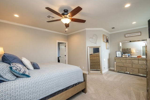 bedroom featuring light carpet, baseboards, visible vents, and ornamental molding