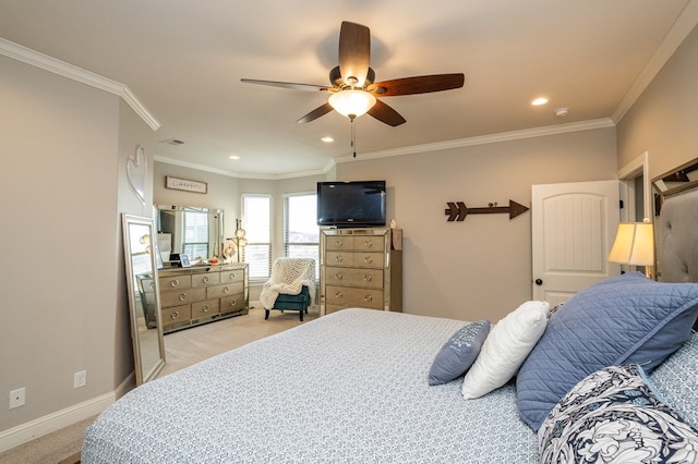 bedroom with baseboards, crown molding, recessed lighting, and light colored carpet