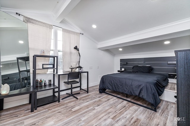 bedroom with vaulted ceiling with beams, light hardwood / wood-style flooring, and ornamental molding