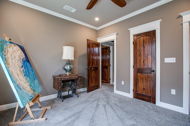 2030 Silver Creek Ct, San Angelo, TX 76904 - carpeted bedroom featuring ornamental molding, baseboards, recessed lighting, and ceiling fan