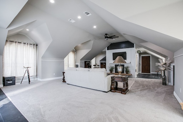 2030 Silver Creek Ct, San Angelo, TX 76904 - living area with lofted ceiling, carpet flooring, baseboards, ceiling fan, and recessed lighting