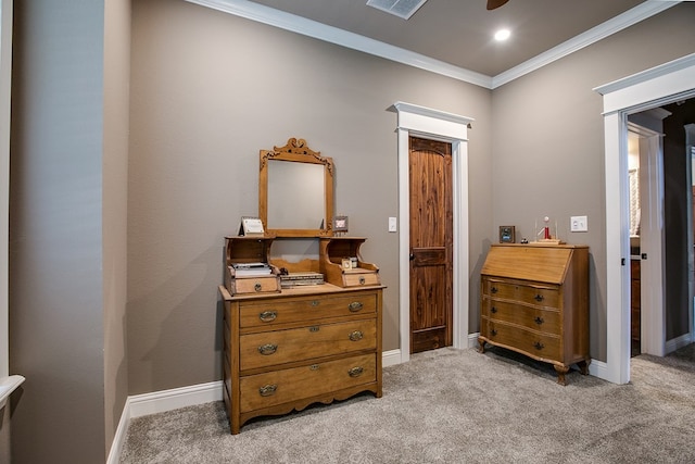 2030 Silver Creek Ct, San Angelo, TX 76904 - bedroom featuring light colored carpet, crown molding, baseboards, and ceiling fan