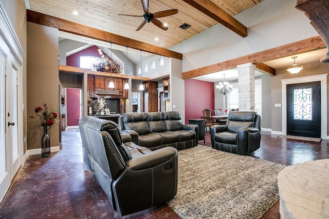 2030 Silver Creek Ct, San Angelo, TX 76904 - living room featuring decorative columns, ceiling fan, a chandelier, baseboards, and recessed lighting