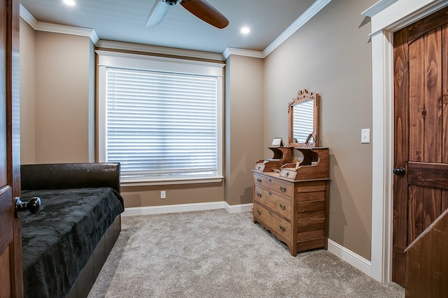 2030 Silver Creek Ct, San Angelo, TX 76904 - bedroom featuring light colored carpet, ornamental molding, baseboards, and ceiling fan