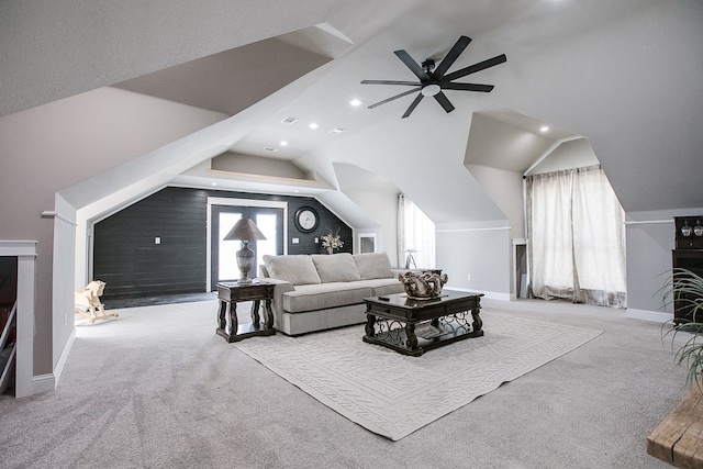 2030 Silver Creek Ct, San Angelo, TX 76904 - carpeted living area with recessed lighting, ceiling fan, lofted ceiling, and baseboards