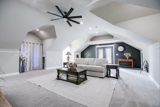 2030 Silver Creek Ct, San Angelo, TX 76904 - living area featuring ceiling fan, baseboards, lofted ceiling, recessed lighting, and carpet floors