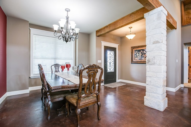2030 Silver Creek Ct, San Angelo, TX 76904 - dining room with decorative columns, concrete floors, a chandelier, and beamed ceiling