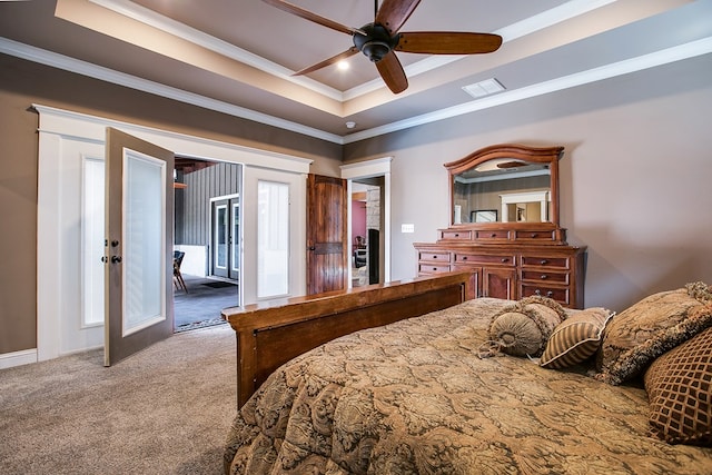2030 Silver Creek Ct, San Angelo, TX 76904 - bedroom featuring carpet flooring, french doors, a raised ceiling, crown molding, and ceiling fan