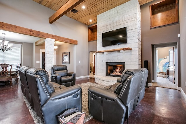 2030 Silver Creek Ct, San Angelo, TX 76904 - living area featuring wood ceiling with exposed beams, a fireplace, concrete flooring, a chandelier, and baseboards