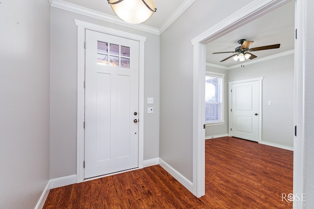 foyer entrance featuring crown molding, dark wood-style floors, baseboards, and ceiling fan