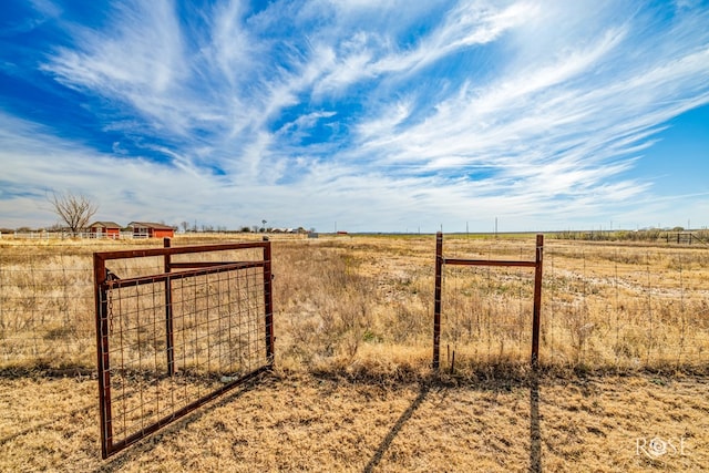 view of yard with a gate, a rural view, and fence