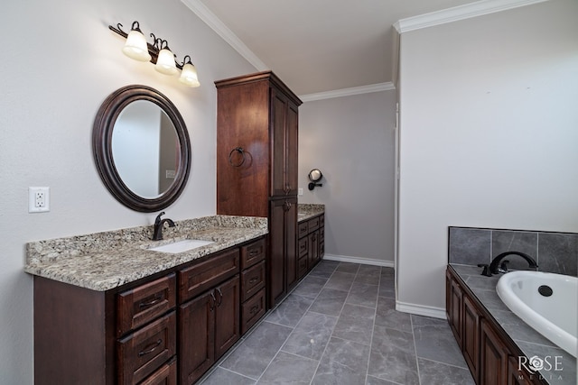 bathroom featuring a tub, baseboards, vanity, and crown molding