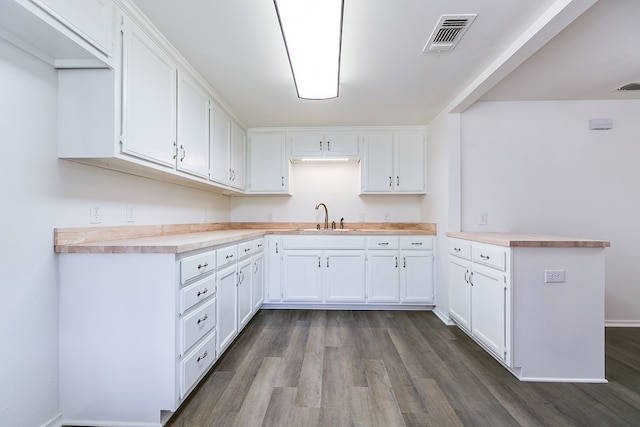 kitchen featuring a peninsula, dark wood finished floors, visible vents, and a sink