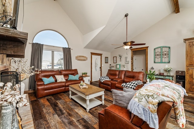 living room with beam ceiling, high vaulted ceiling, wood finished floors, and a fireplace