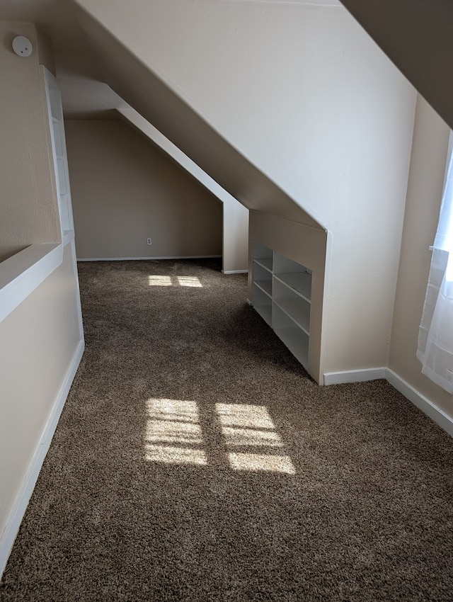 additional living space featuring carpet floors, baseboards, and lofted ceiling